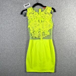Banjul Mini Dress Women Small Lime Green Sheer Mesh Floral Lace Bodycon Back Zip